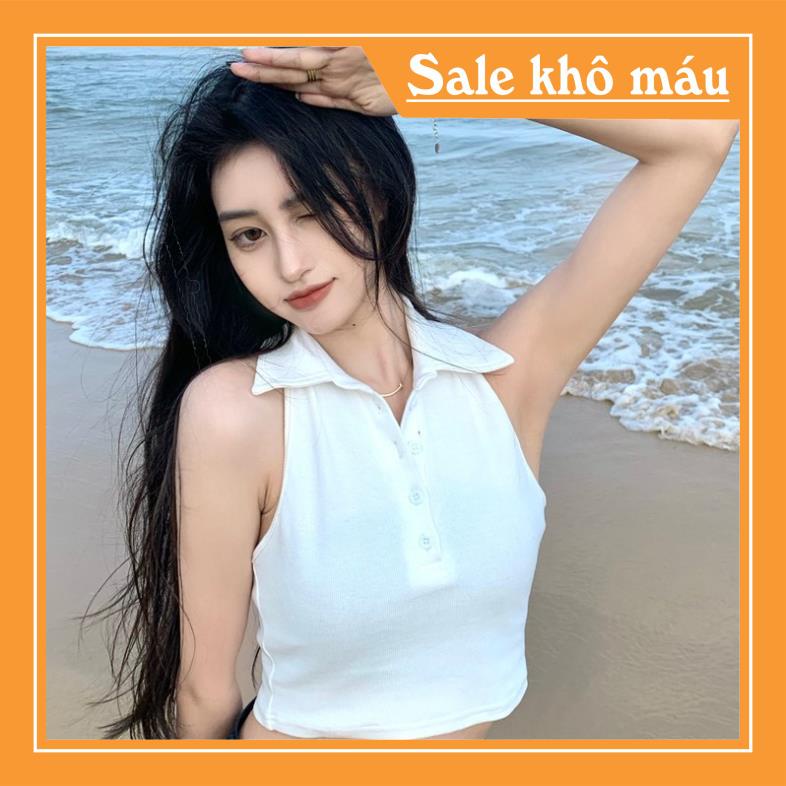 HOT - Chất Vải Xịn Áo Croptop Nữ 3 Lỗ Polo , Áo Crt Nữ Sát Nách Cổ Bẻ 2 Màu B019