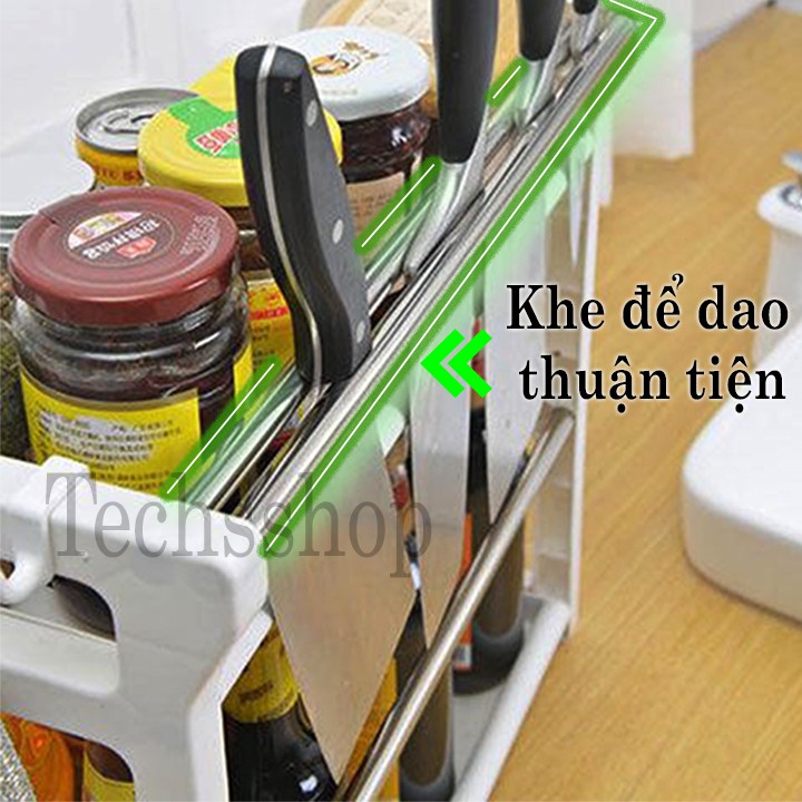 Kệ Nhà Bếp Chữ h 2 Tầng Đựng Hủ Gia Vị Có Khe Để Dao Móc Treo Đa Năng Có Thanh Inox Khung Để Tấm Thớt