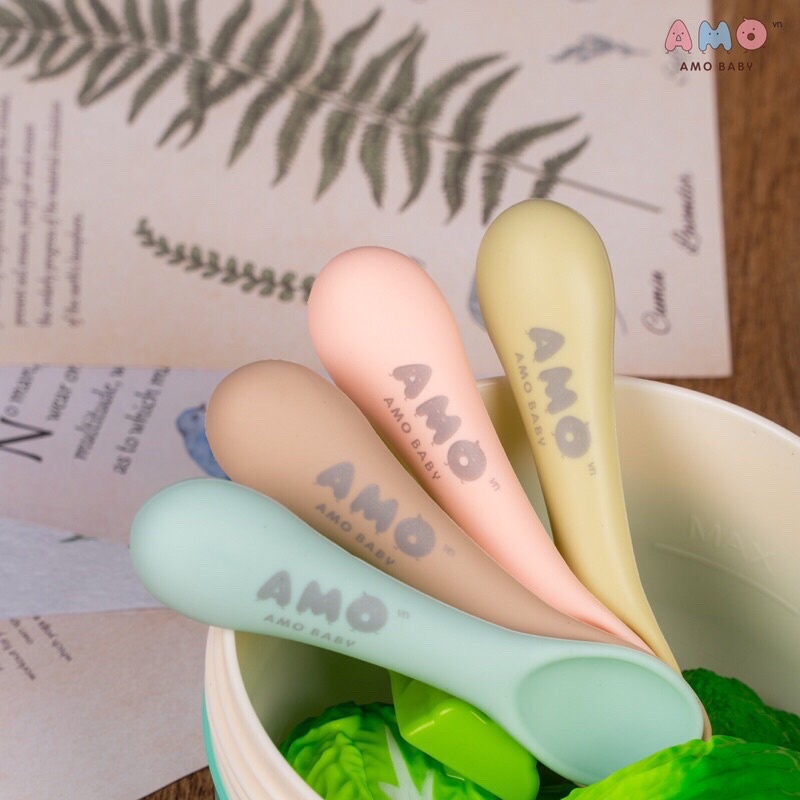 Set 2 Thìa Silicone AMO Kèm Hộp Cao Cấp Cho Bé