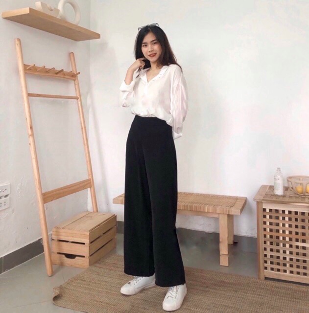 Quần ống rộng culottes suông dài chất dày cao cấp lưng cao 2 màu đen be hình thật | BigBuy360 - bigbuy360.vn