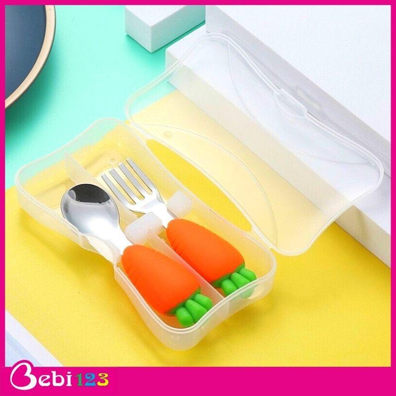 Set muỗng nĩa inox 304 Cà Rốt và Hình Mèo kèm hộp đáng yêu cho bé