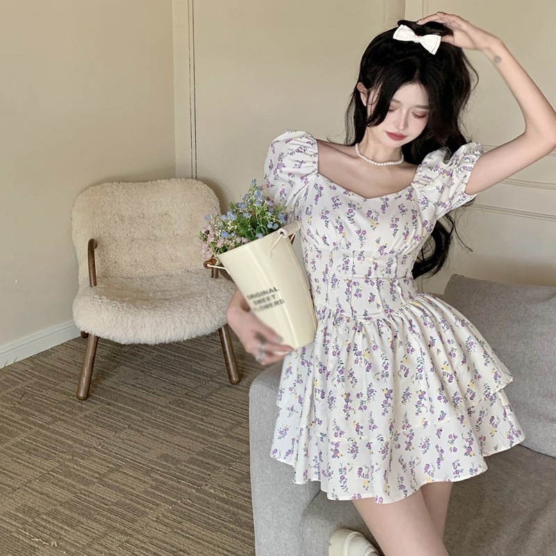 Đầm Tay Phồng Ngắn Cổ Vuông Ôm Eo In Họa Tiết Kiểu Retro Hàn Quốc Xinh Xắn Cho Nữ