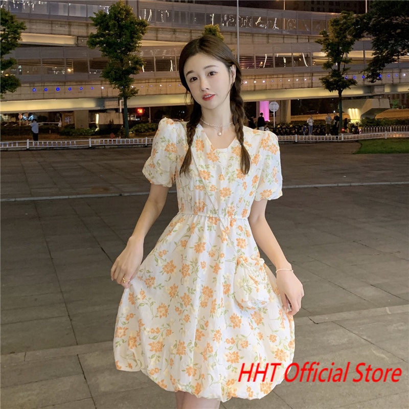 Đầm Tay Ngắn Phồng Cổ Vuông Họa Tiết Hoa Phong Cách Retro Pháp Thời Trang Mùa Hè Cho Nữ