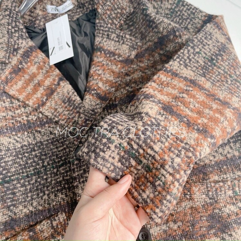 Áo khoác dạ nữ Loại 1 thiết kế 2 lớp màu kẻ nâu tây siêu xinh, Áo khoác nữ mùa đông cổ vest công sở rẻ đẹp