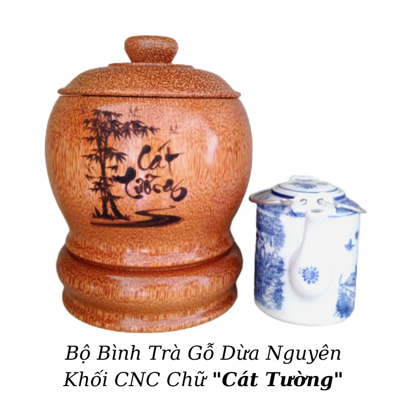 Bộ Bình Trà Gỗ Dừa Có Chân Hoa Văn "Chữ Nhẫn"; "Chữ Gia Đình"; "Chữ Cát Tường", "Chữ Tài Lộc" - Bình Trà 400 - 500ml