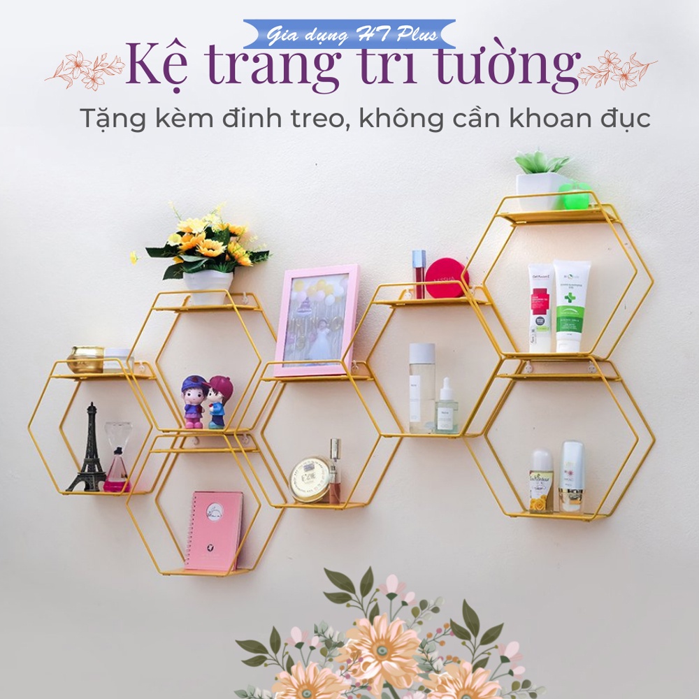 Kệ trang trí tường hình lục giác bằng kim loại chắc chắc, tặng kèm đinh treo, không cần khoan đục