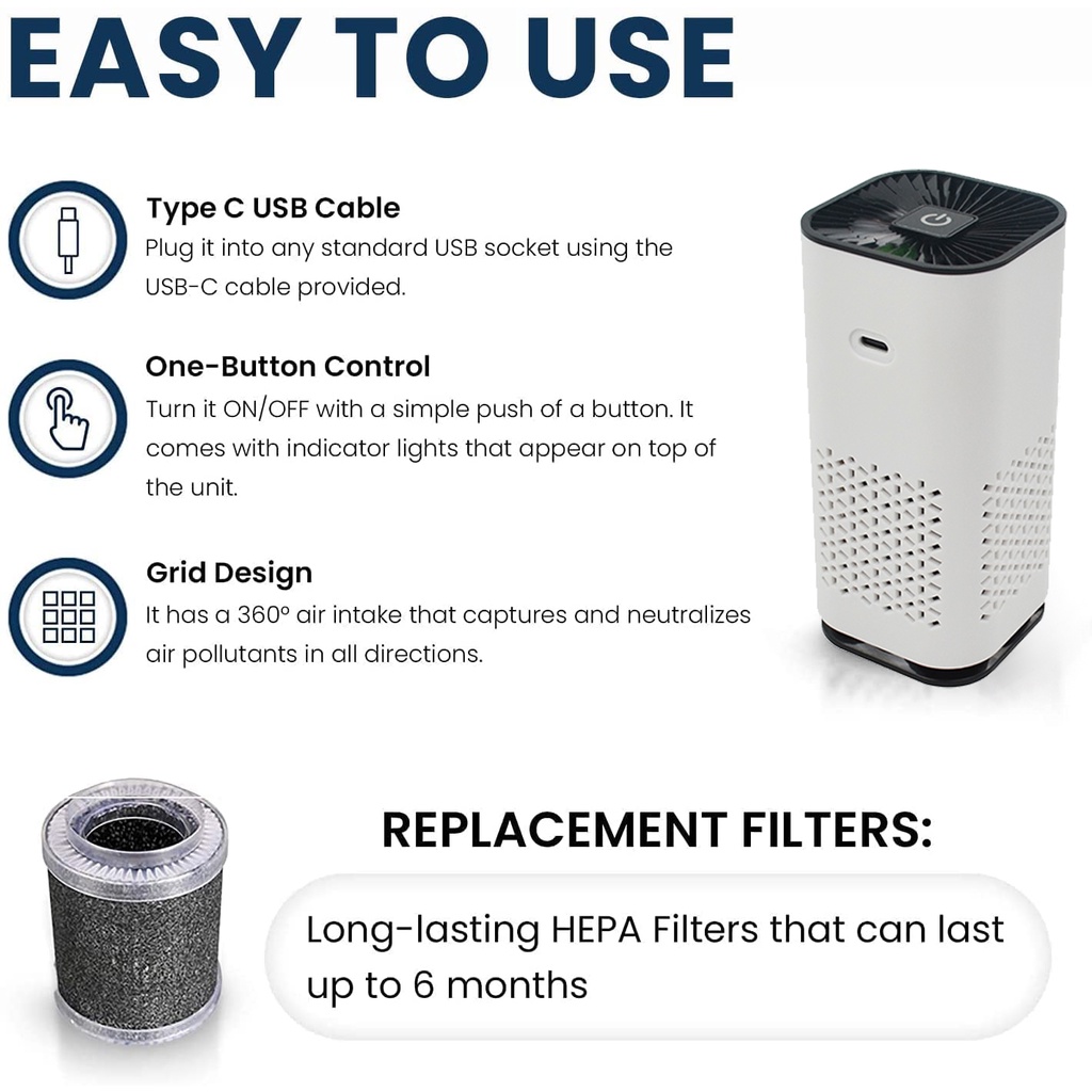 Máy Lọc Không Khí Mini Di Động Cho Xe Hơi/Phòng Ngủ H13 HEPA