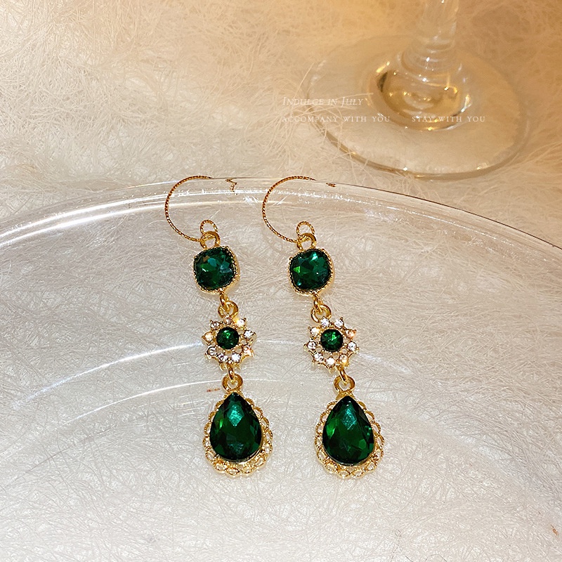 Khuyên Tai Dạng Móc Hình Giọt Nước Đính Đá Zircon Ngọc Lục Bảo Phong Cách Hàn Quốc Cổ Điển Sang Trọng 19A1578