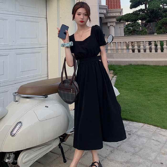 Đầm Perty tay phồng màu đen thời trang mùa hè phong cách Pháp dành cho nữ