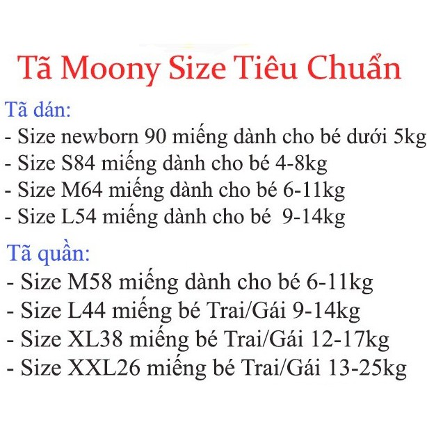 Tã Dán/ Quần MOONY NB90/ S84/ M64/ L54/ XL44/ M58/ L44/ XL38/ XXL26