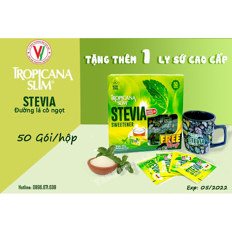 [Tặng Ly] Hộp 50 Gói Đường Ăn Kiêng Lá Cỏ Ngọt Stevia Tropicana Slim, Dành Cho Người Ăn Kiêng/ Keto/ DAS/Tiểu Đường