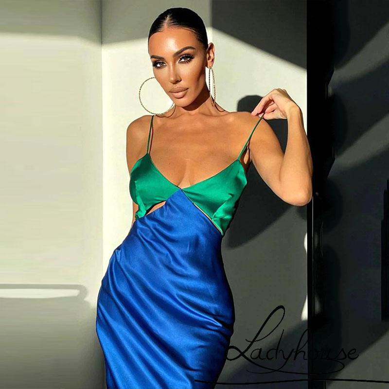 Đầm Dài Hai Dây Cổ Chữ V Màu Sắc Tương Phản Thời Trang Mùa Hè Dành Cho Nữ