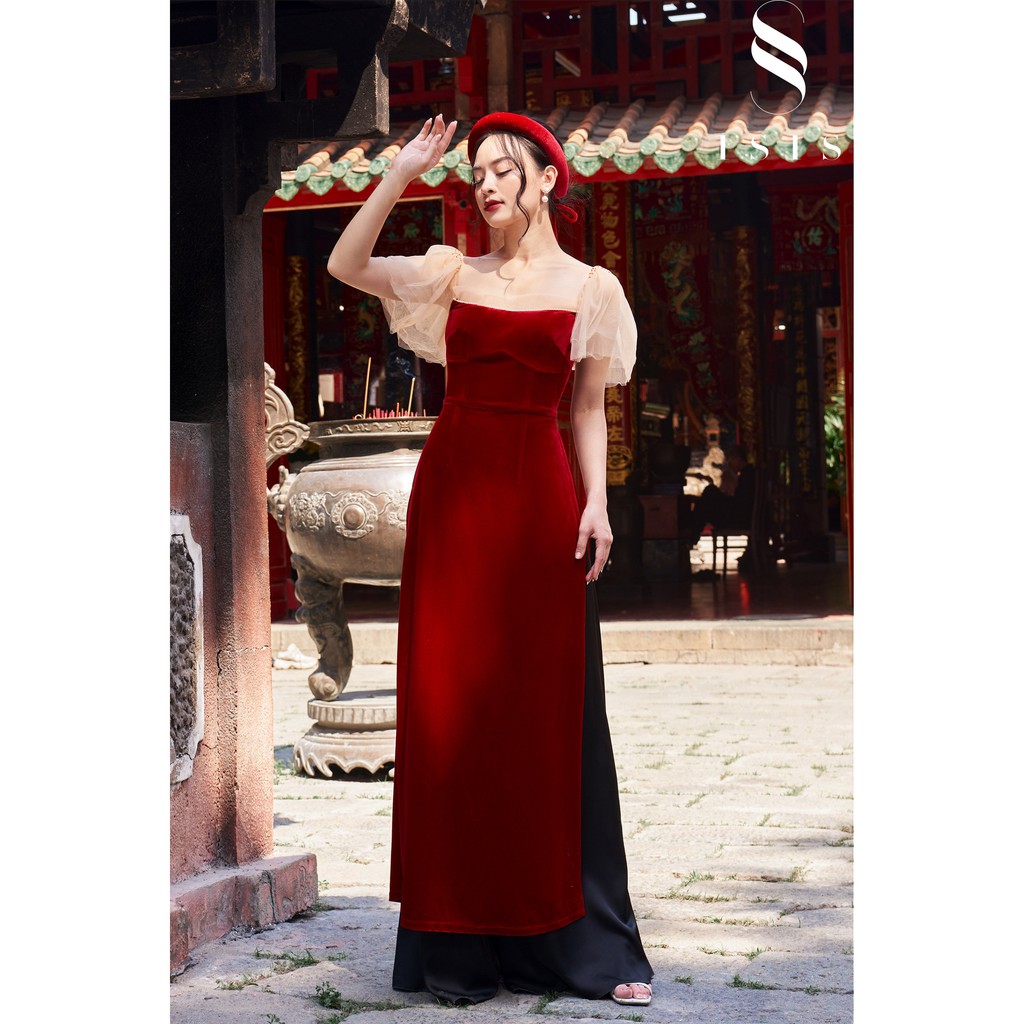 Áo dài cách tân nhung đỏ ngắn tay ISIS
