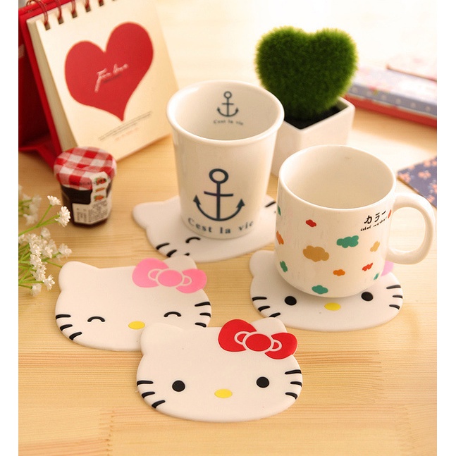 Tấm lót ly XIAODUOJIAJU hình mèo Hello Kitty dễ thương bằng silicon cách nhiệt chống bỏng chống trượt