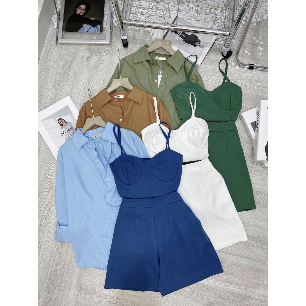 Sét Áo Sơ Mi 3 Món Gồm: Áo Sơ Mi Thụng, Áo Cúp Ngực Có Chun Sau Lưng + Áo Thun Tay Lỡ Chất Cotton | BigBuy360 - bigbuy360.vn