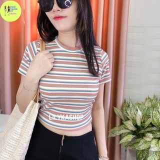 Áo thun nữ sọc kẻ ngang cổ tròn dáng ôm tay ngắn croptop vải thun gân co giãn thoải mái Lilyka AC05