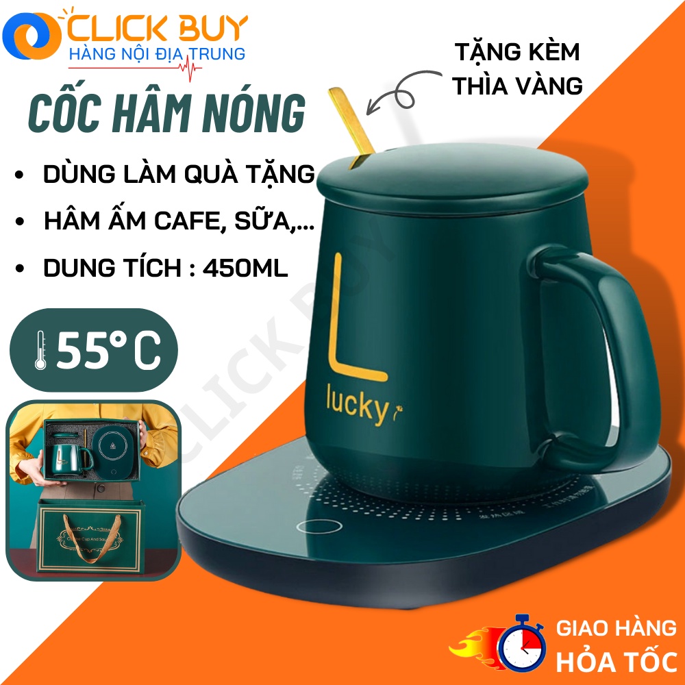 Cốc Hâm Nóng đồ uống kèm đế điện, Bộ Cốc sứ kèm đế điện hâm nóng trà, cafe, hâm sữa + Tặng kèm thìa vàng, hộp sang trọng