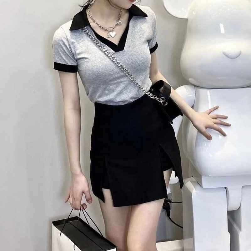 Bộ Áo Thun Cổ Chữ V + Quần Short Lưng Cao Xẻ Tà Thời Trang Mùa Hè Hàn Quốc 2022 Mới