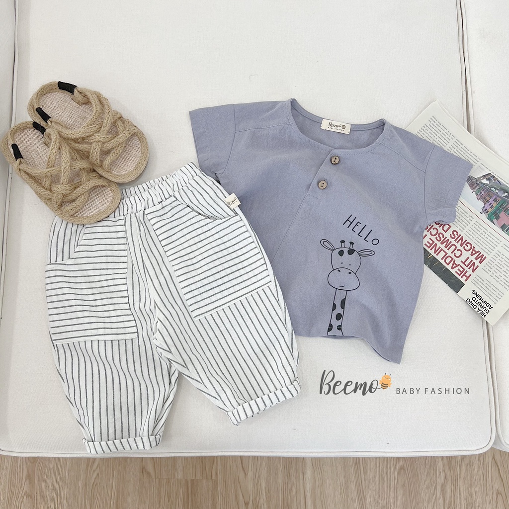Bộ set quần áo Beemo quần kẻ áo thô in hình hươu mặc hè 2 màu cho bé trai,bé gái từ 1 đến 6 tuổi 21B067