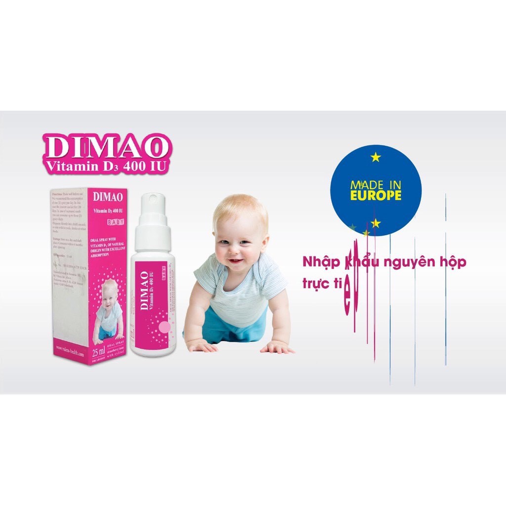 Dimao - Vitamin D3 Dạng Xịt 400IU, Hàng Nhập Khẩu Châu Âu, Hương Dâu, Hiệu Quả Và Hấp Thu Tốt (mẫu mới)