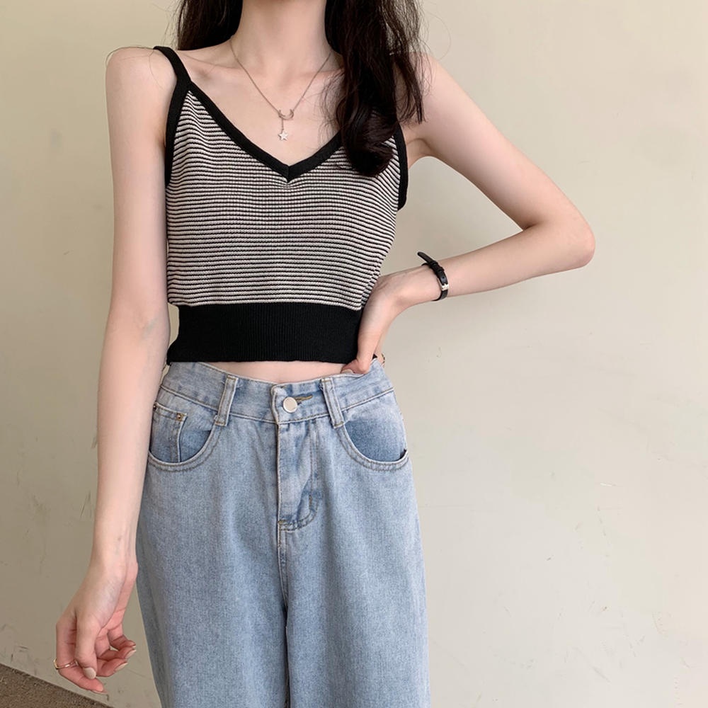 Áo Hai Dây Dệt Kim Cổ Chữ V Họa Tiết Kẻ Sọc Màu Sắc Thời Trang Mùa Hè 50061