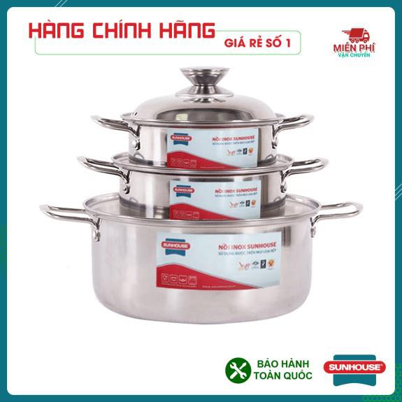 BỘ NỒI SUNHOUSE SH224, BỘ NỒI INOX SUNHOUSE SH224, ĐÁY DÙNG CHO BẾP TỪ, 3 NỒI KÍCH THƯỚC: 16, 18, 24