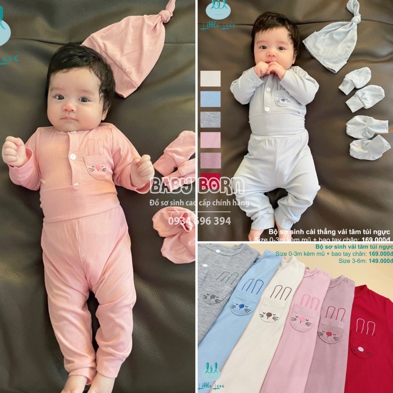 LIL - Bộ sơ sinh cài thẳng túi thỏ chất thun tăm mềm mại (tặng phụ kiện mũ và bao tay chân cho size 0-3m)