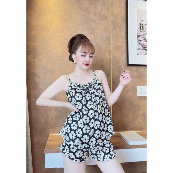 Đồ ngủ 2 dây dễ thương, bộ lụa viền bèo mặc nhà mát