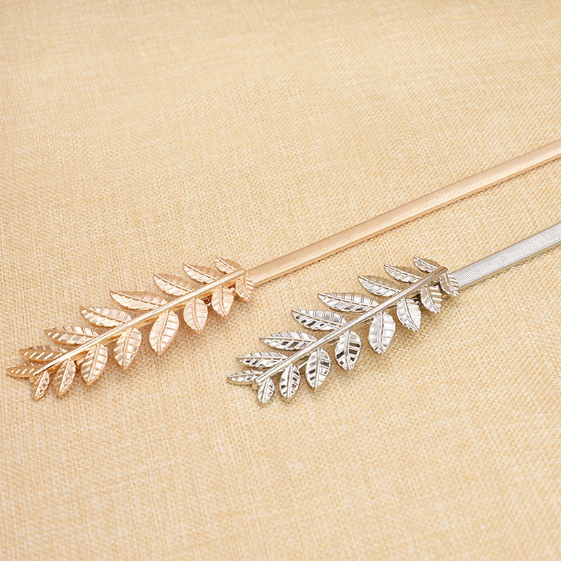 Thắt Lưng Co Giãn Khóa Kim Loại Hình Chiếc Lá Màu Vàng Bạc/Bạc Dành Cho Nữ