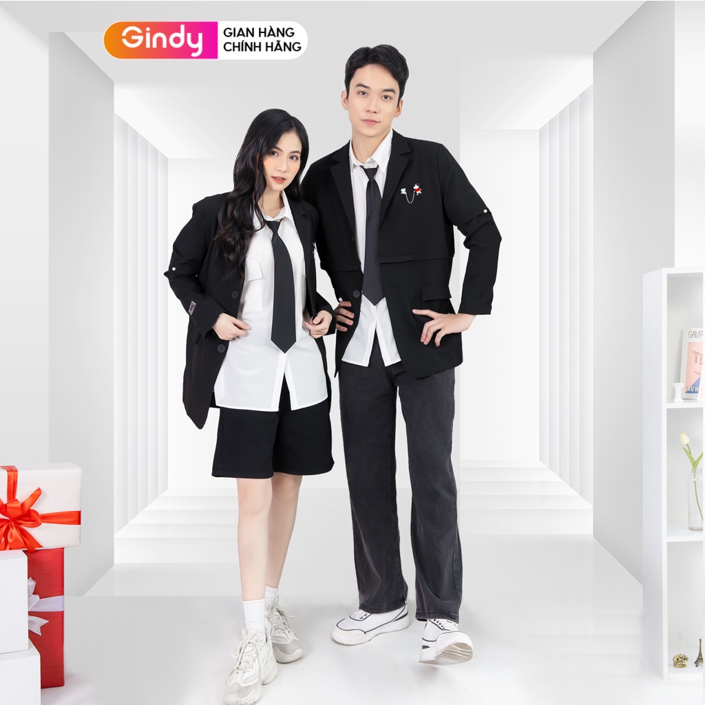 Áo sơ mi tay ngắn nam nữ phong cách GINDY unisex sơmi trắng phối cà vạt form rộng vải Kate mịn mát A11122