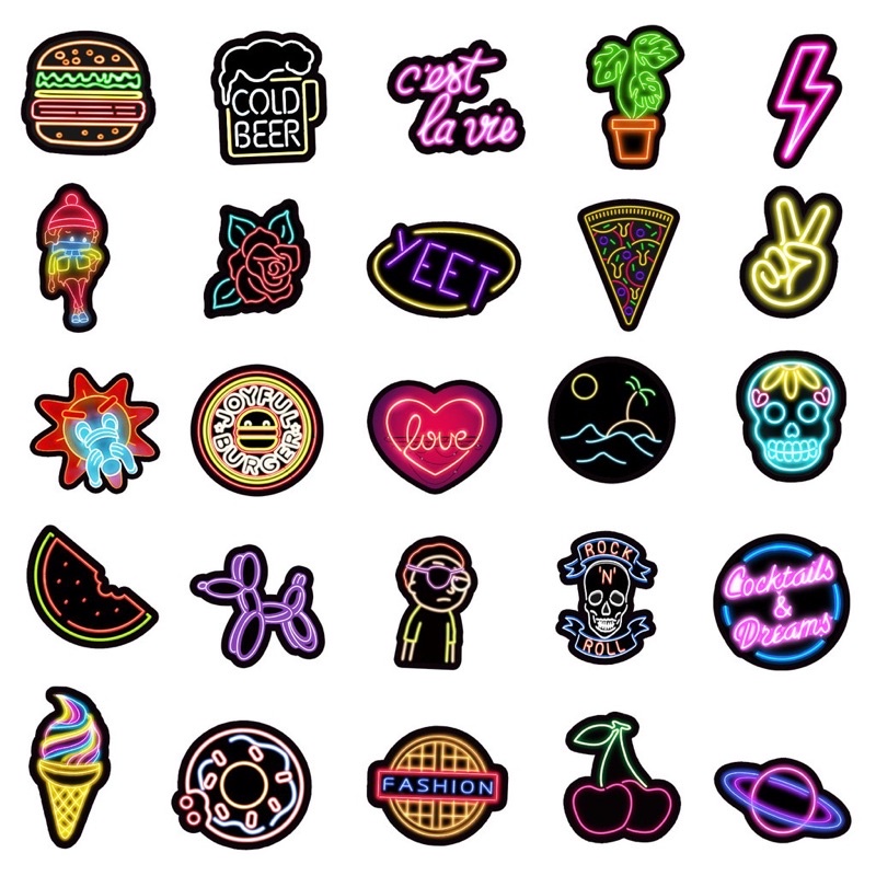 Set 50 Miếng Dán Chống Thấm Nước Trang Trí Nón bảo hiểm, vali, laptop, chủ đề họa tiết graffiti neon