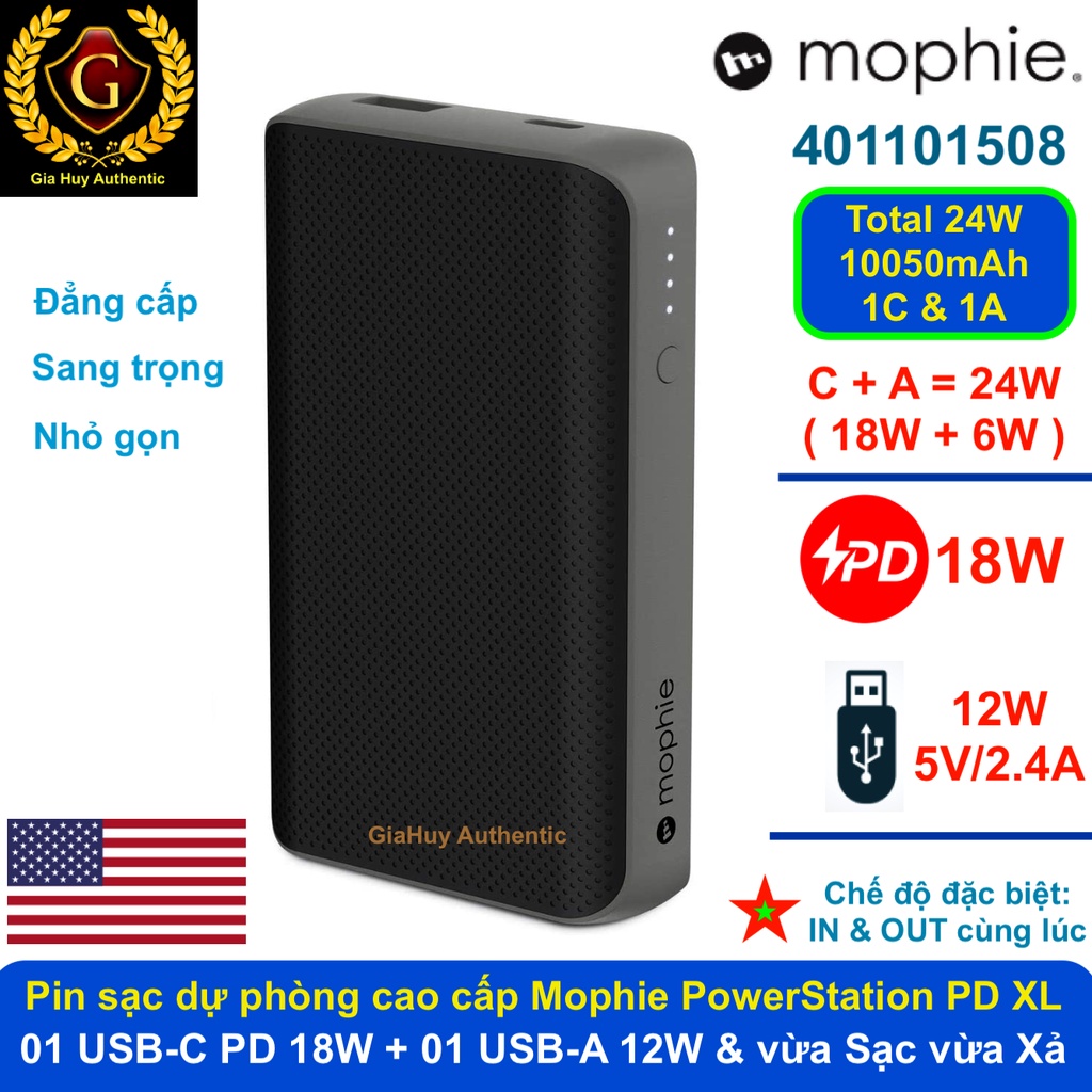 Pin sạc dự phòng cao cấp MOPHIE PowerStation PD XL 10050mAh 24W 1C-1A ( 01 USB-C PD 18W & 01 USB-A 12W)