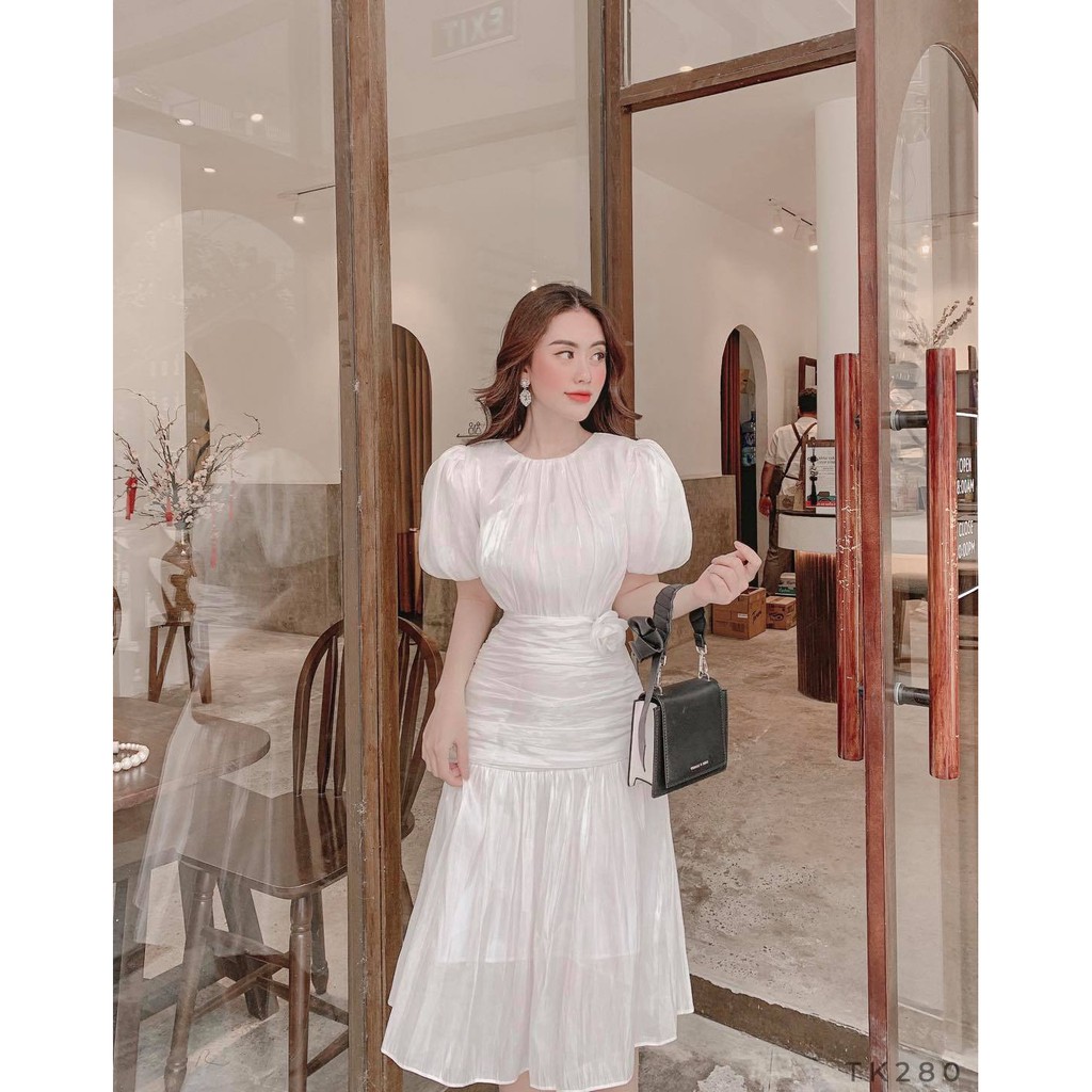 [HÀNG THIẾT KẾ CAO CẤP] Đầm Nhún Tay Phồng Bóng Kiếng Form Dài Màu Nude | BigBuy360 - bigbuy360.vn