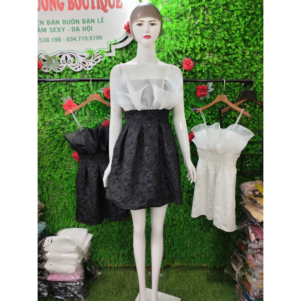 Váy thiết kế Thu Hương, đầm xốp hoa phối bèo hai dây ngọc hàng phi size 40_55kg 1 lớp.( loại 2). Đầm tiểu thư. | BigBuy360 - bigbuy360.vn