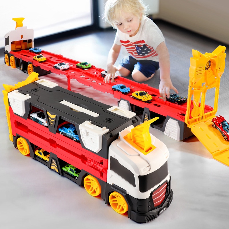 Đồ Chơi Xe Tải Container Hot Wheels Biến Hình Sân Đua Xe, Vận Chuyển Xe Ôtô Cao Cấp Tặng Kèm 6 Xe Con Và Bệ Phóng