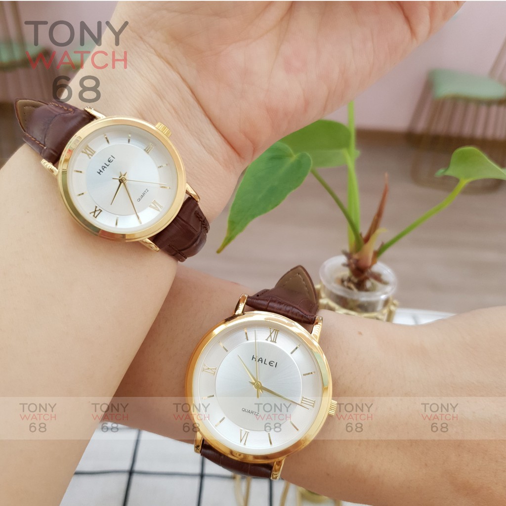 Đồng hồ nữ Halei dây da mặt vân đồng tâm viền mạ vàng chống nước chính hãng Tony Watch 68