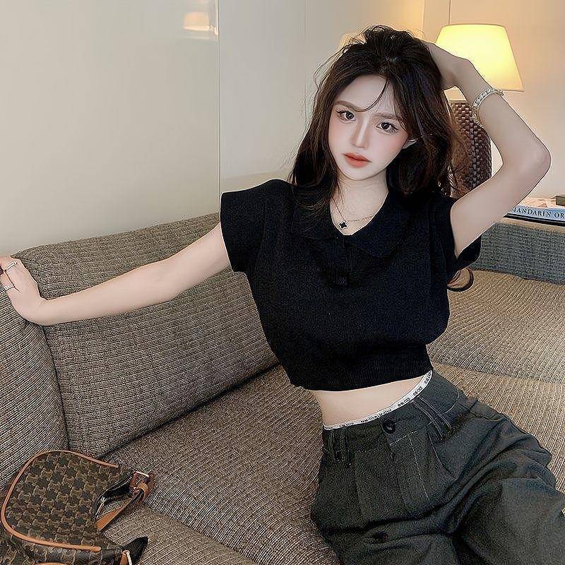 Áo Thun Dệt Kim Tay Ngắn Cổ Bẻ Dáng Ôm Thời Trang Mùa Hè Cho Nữ