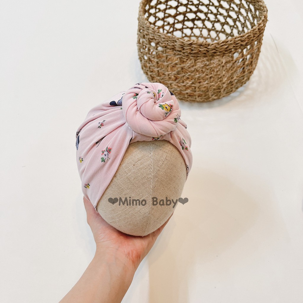 Mũ turban bé gái - Hồng in hình thỏ, chuột mickey (4-8kg)