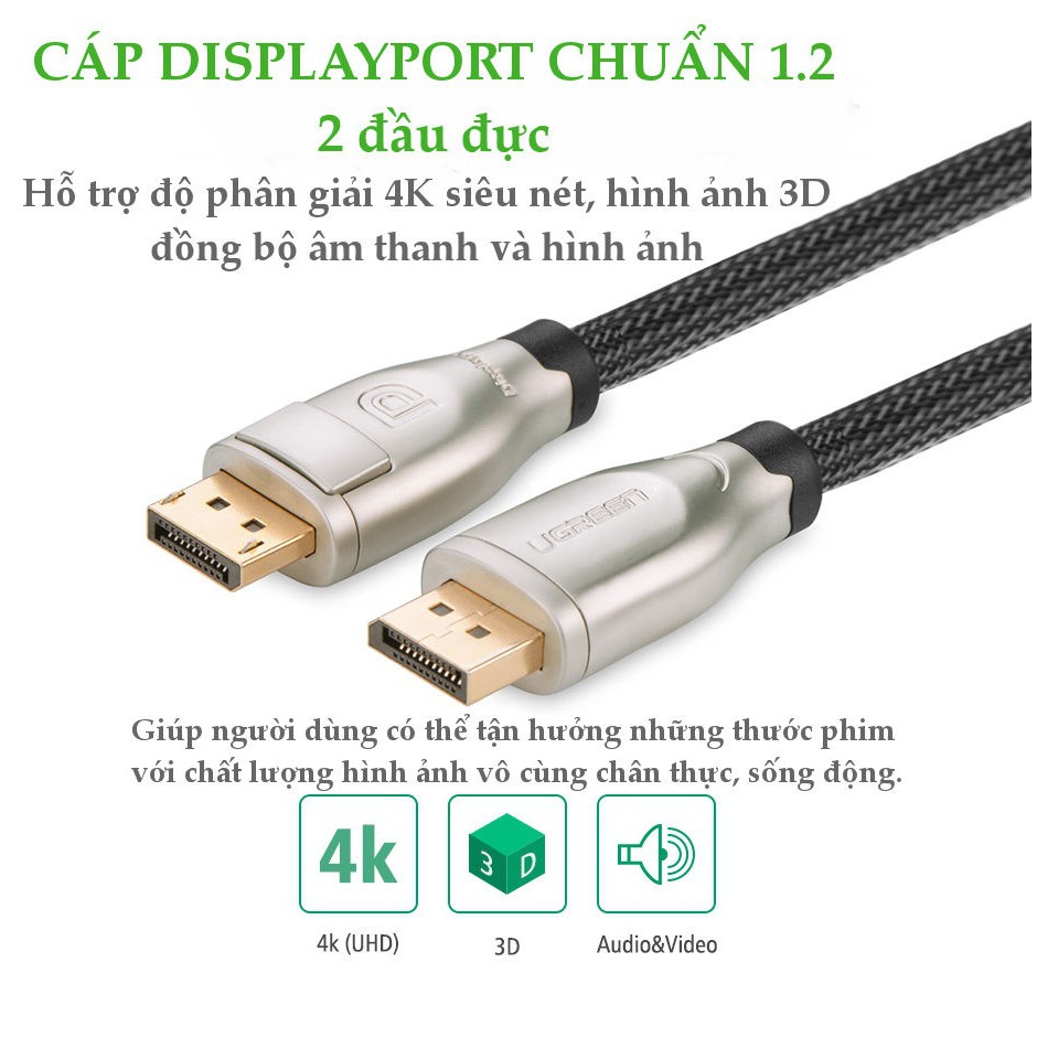 [Mã ELTECHZONE giảm 5% đơn 500K] Dây cáp DisplayPort 1.2 hỗ trợ 3D, 4K*2K 60 Hz UGREEN DP107