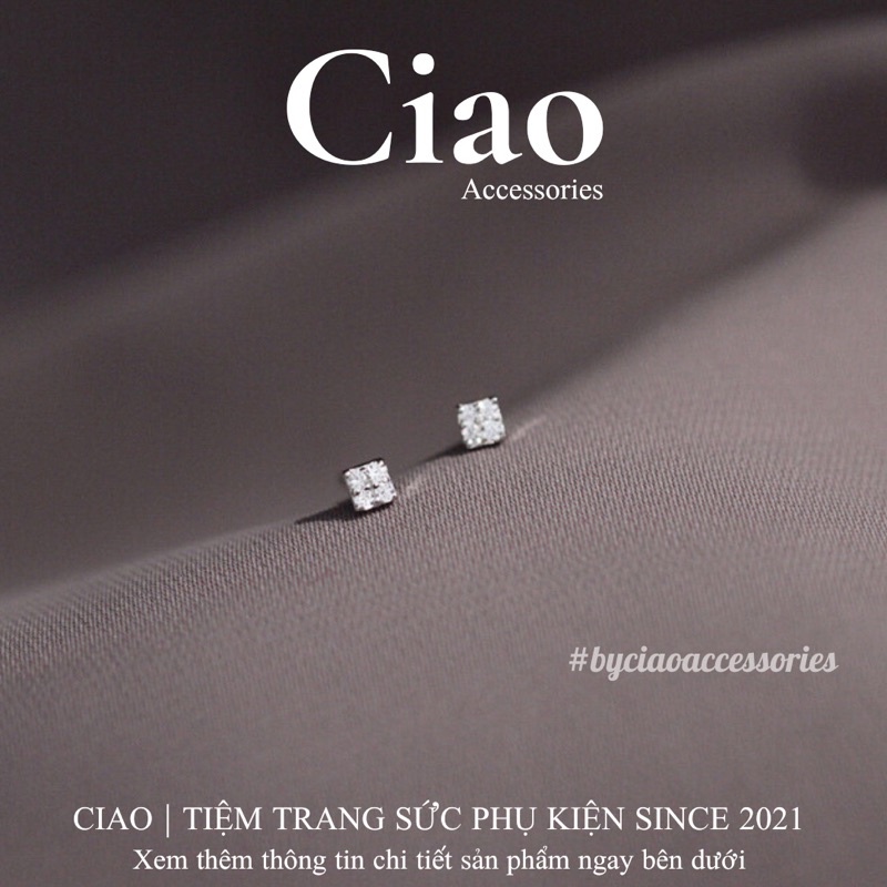 [HOẢ TỐC 1H] Khuyên tai/ Bông tai mạ bạc S925 thiết kế đính đá vuông Agnes Tiny Ciao