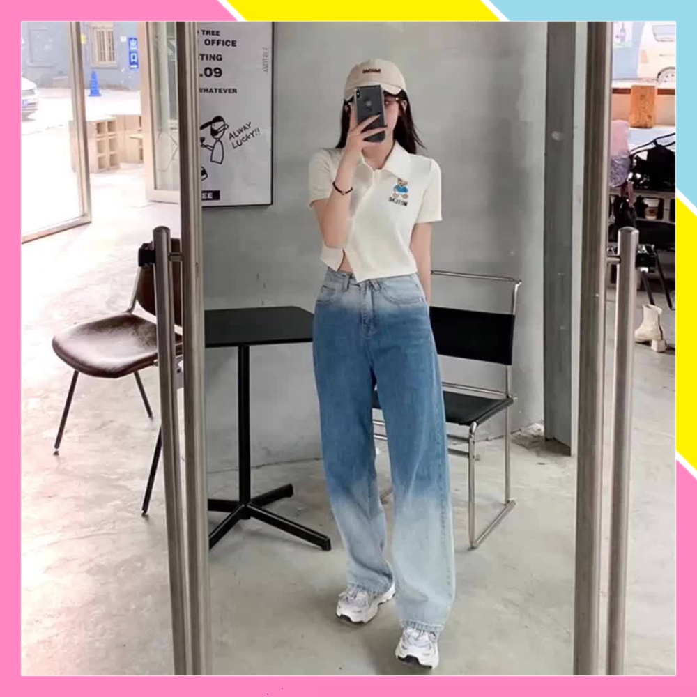 Quần jean nữ ống rộng - Quần bò loang lưng cao ống đứng cạp cao ống suông cao cấp giá rẻ đẹp