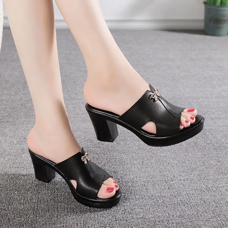 Dép cao gót trung niên nữ, giày trung niên cho mẹ, dép hở mũi sang trọng