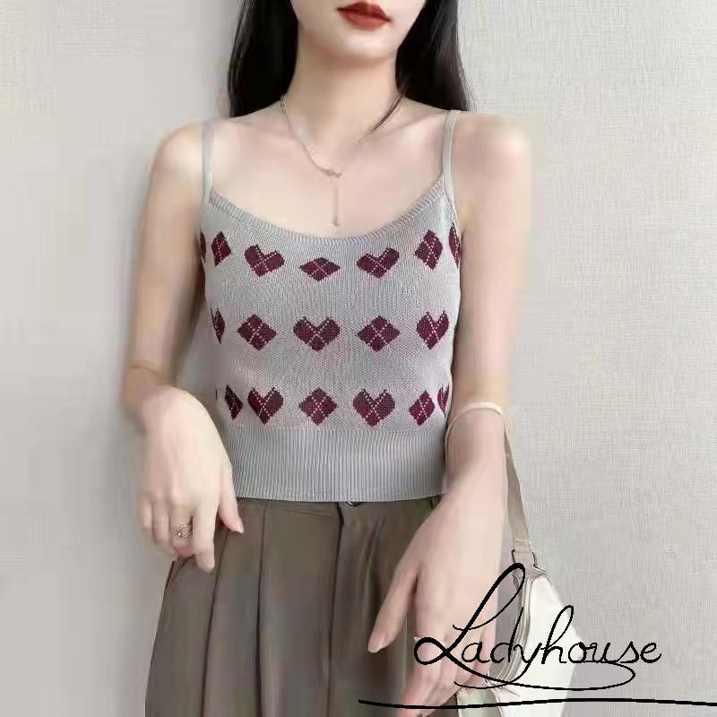 Áo dệt kim không tay cổ chữ U in họa tiết trái tim phong cách vintage cho nữ