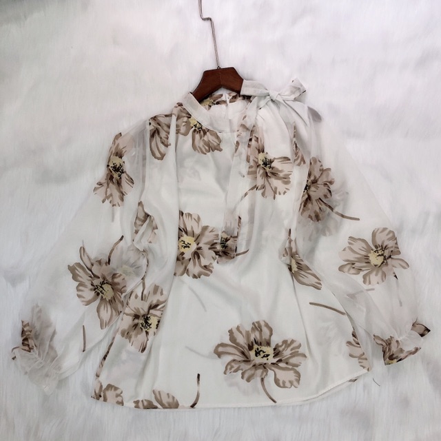 Áo kiểu nữ cổ trụ cột nơ oversize