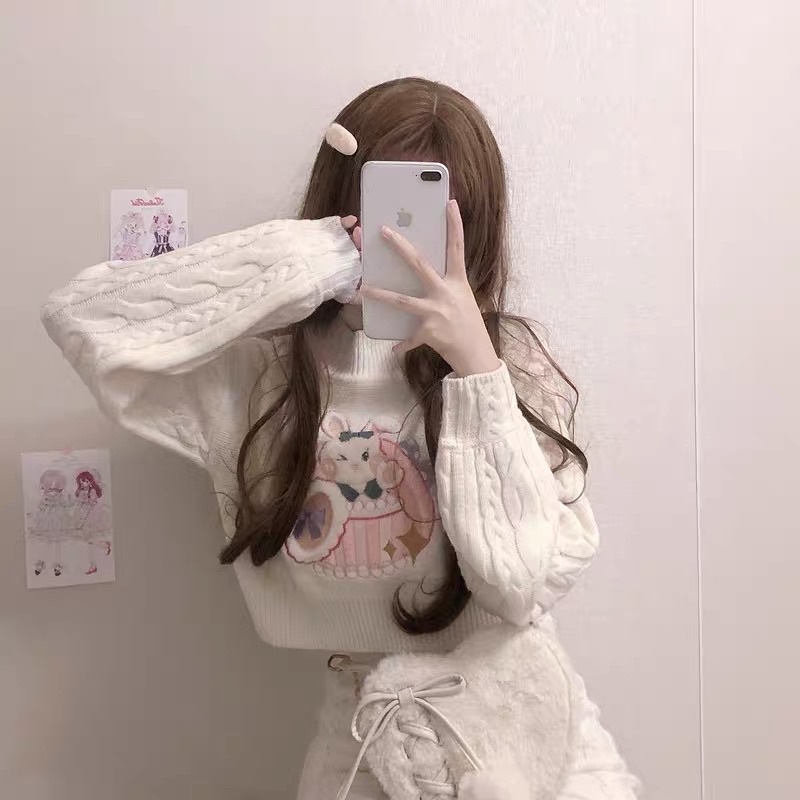 Set Áo Len Dệt Tay Dài Thêu Hình Và Chân Váy Croptop Ôm Tôn Dáng Xinh Xắn