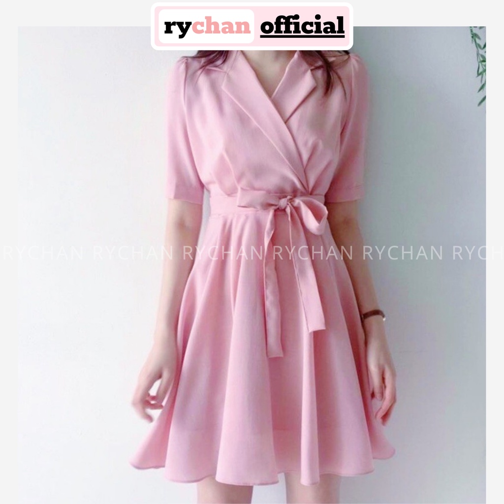 Đầm Xòe Dự Tiệc Nữ Cổ Vest Tay Ngắn Thắt Nơ Eo Cực Nữ Tính Thanh Lịch Màu Hồng - DX9920
