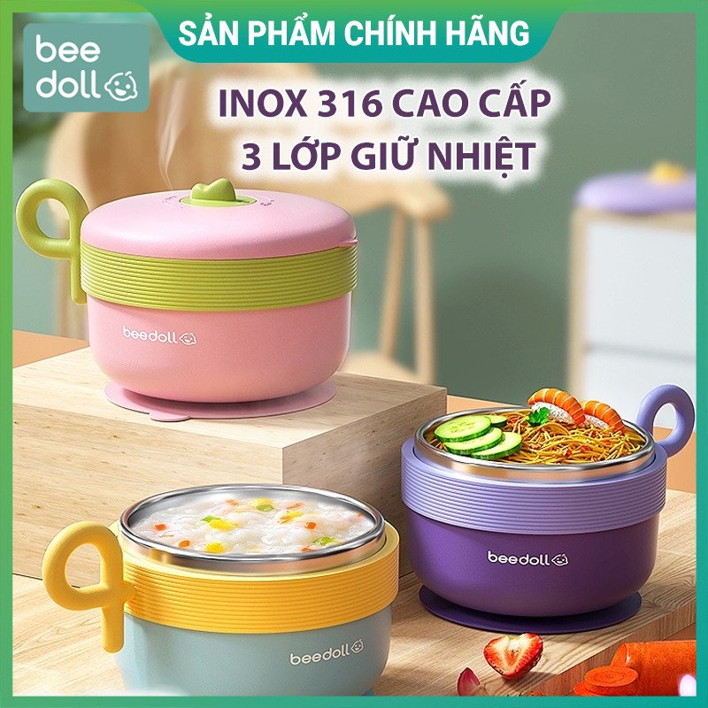 Bát ăn dặm giữ nhiệt BeeDoll 3 lớp cao cấp cho bé, chống nóng, có để hút chân không chống đổ