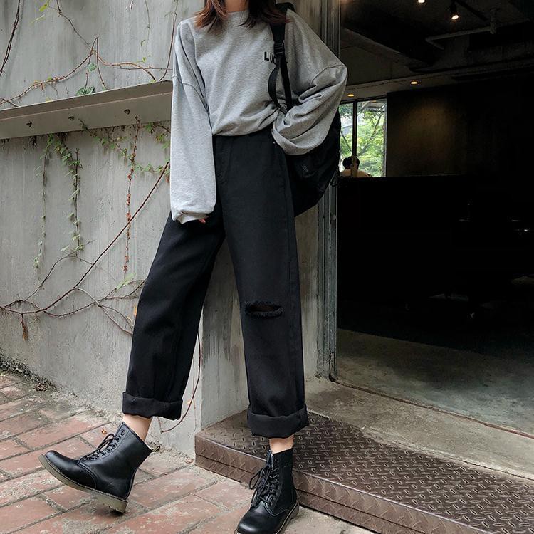 Quần Jeans Ống Rộng Size S M L QJ002 / Ống Suông Lưng Cao Qua Rốn - Không Giãn - ĐEN TRƠN [TIEMDOJEAN]