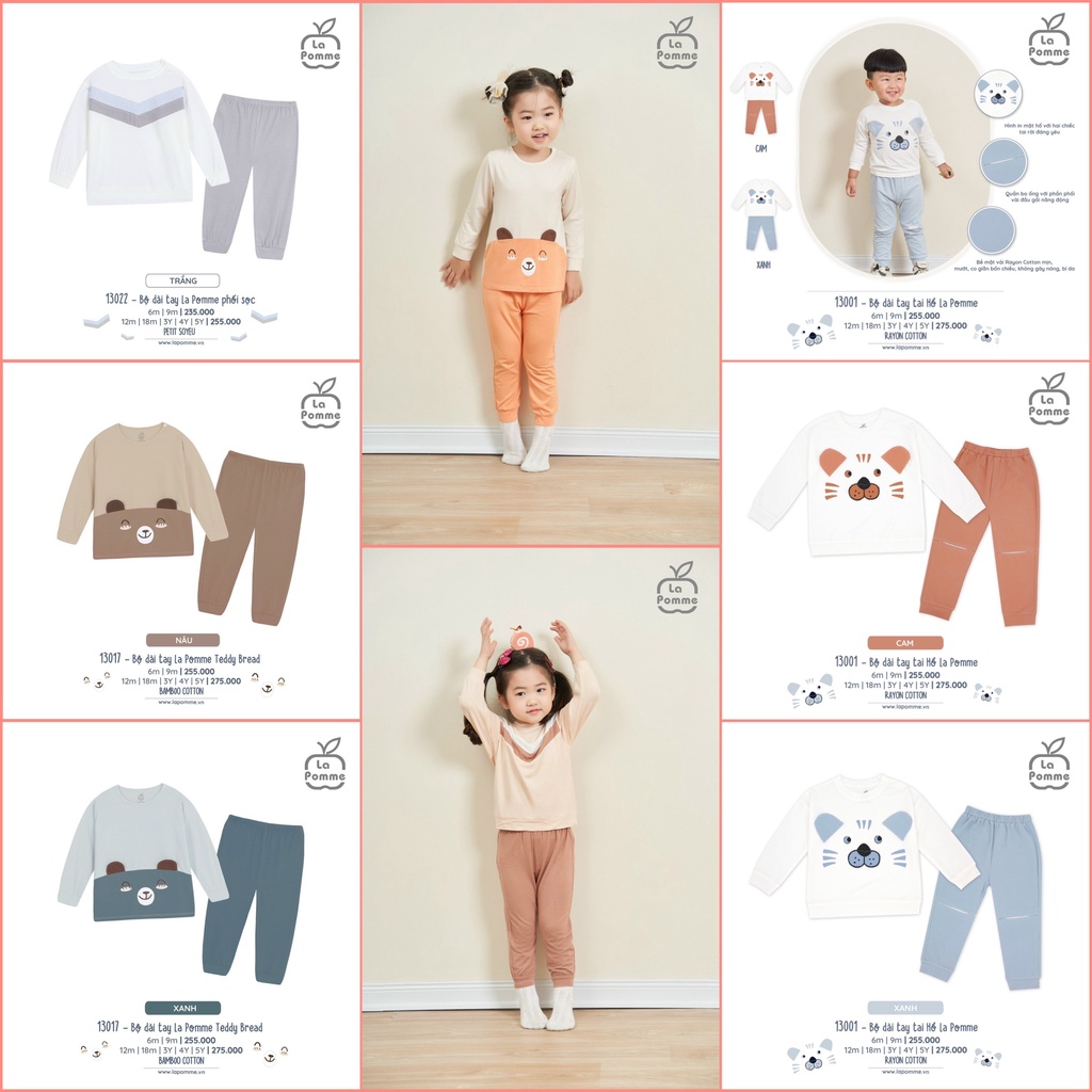 Bộ dài tay La Pomme mặc điều hòa mềm mại thấm hút mồ hôi- Bộ quần áo thời trang bé trai bé gái dài tay 2022 mới nhất