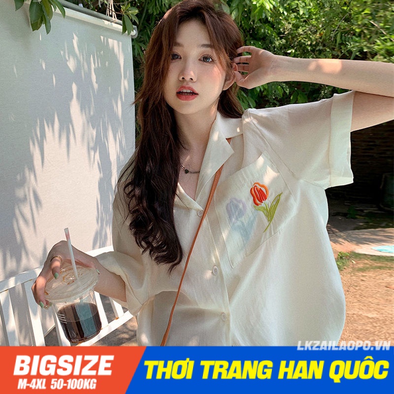 Áo sơ mi Bigsize Áo kiểu nữ form rộng tay ngắn có cổ Họa tiết thêu trắng mùa hè Phong cách Hàn Quốc Thời Trang cá tính xinh đẹp cho người mập béo nữ